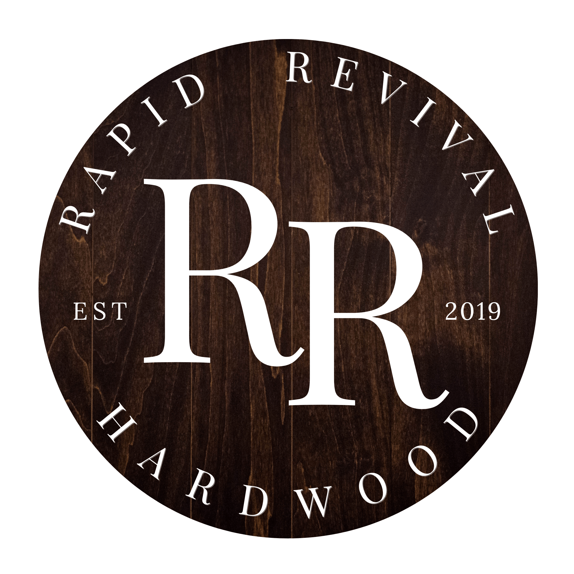 A local hardwood flooring service in Waynesville Missouri. Rapid Revival Hardwood Logo with the RR circle logo Brown and White