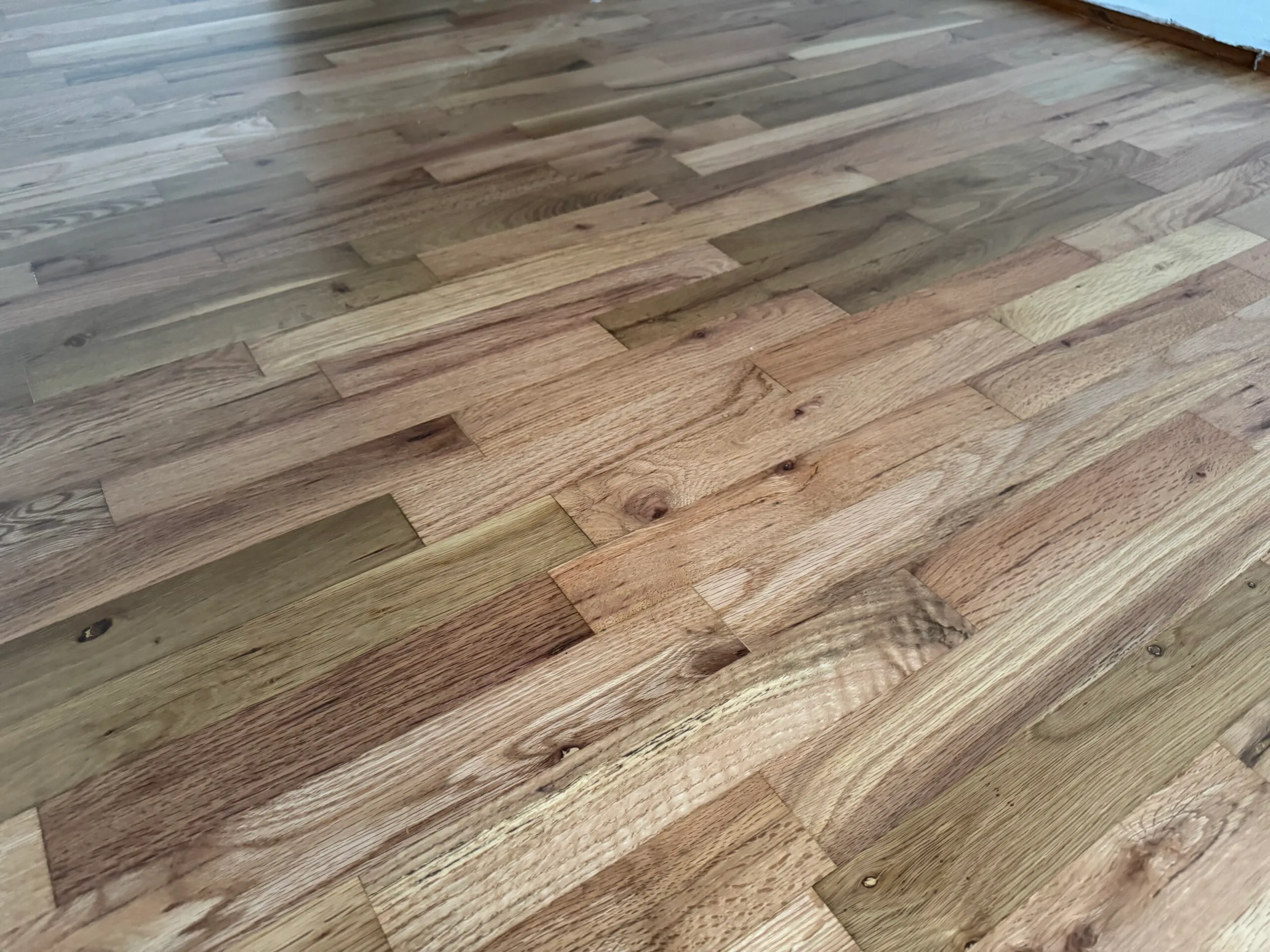 Hardwood floor after sanding and refinishing with a smooth, even satin sheen