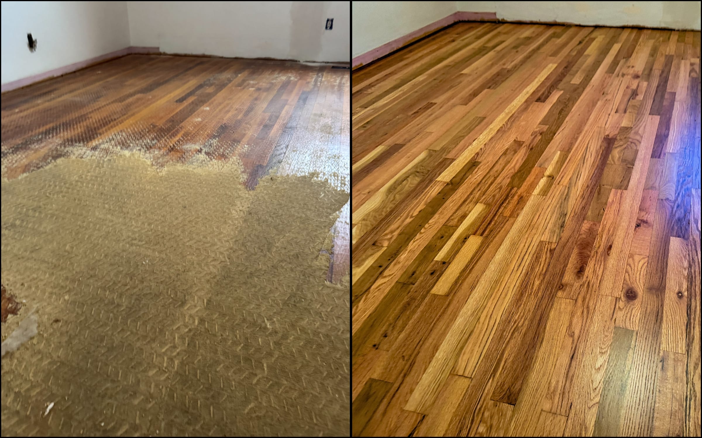 Home An Unbelievable Before And After Picture Of A Wood Floor With Massive Amounts Of Glue On It To A Perfect Finished Hardwood Floor.