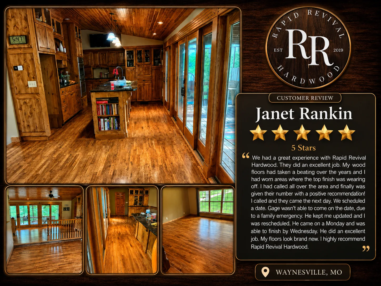 At Rapid Revival Hardwood, We Pride Ourselves On Delivering Phenomenal Hardwood Floor Refinishing Options In Waynesville, Mo. Our Dustless Refinishing Process Is Designed To Restore The Beauty Of Your Hardwood Floors Efficiently And Effectively, Providing You With Stunning, Long-Lasting Results Without The Mess.